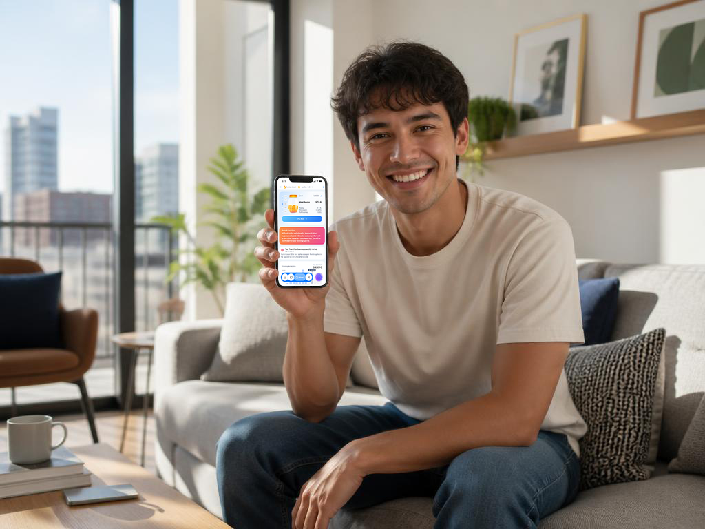A smiling renter holding a phone showing rent earnings credited