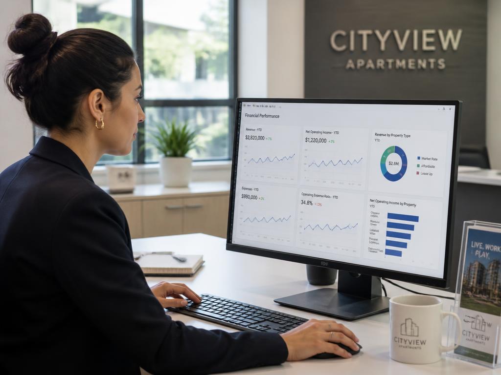A property manager reviewing financial performance on a monitor