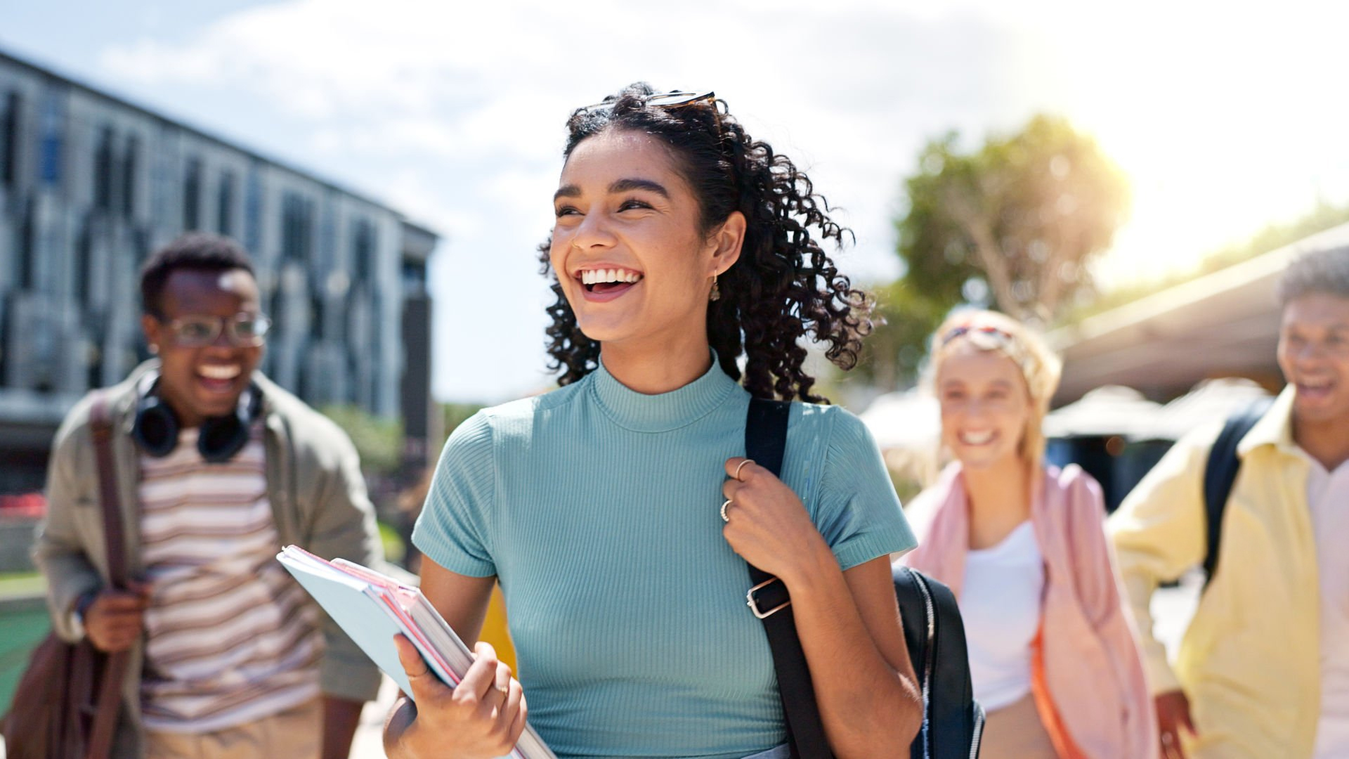 College students laughing together on campus