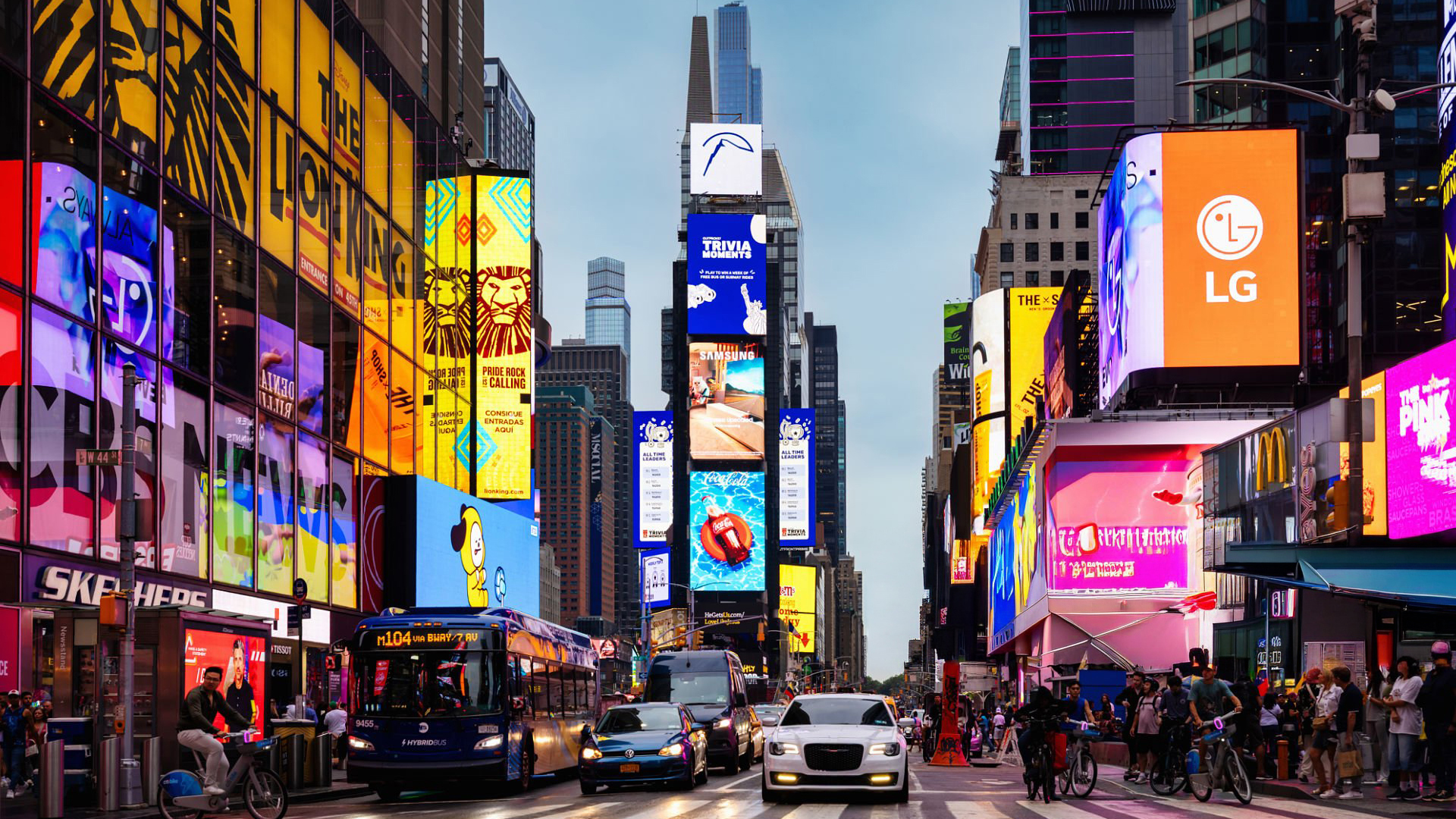 Crowded Times Square billboards illustrating broken ad model