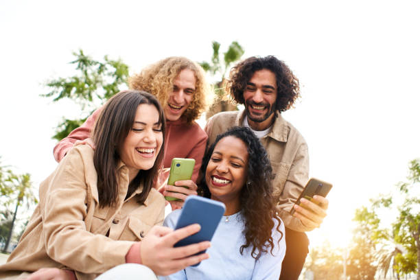 Friends sharing phone